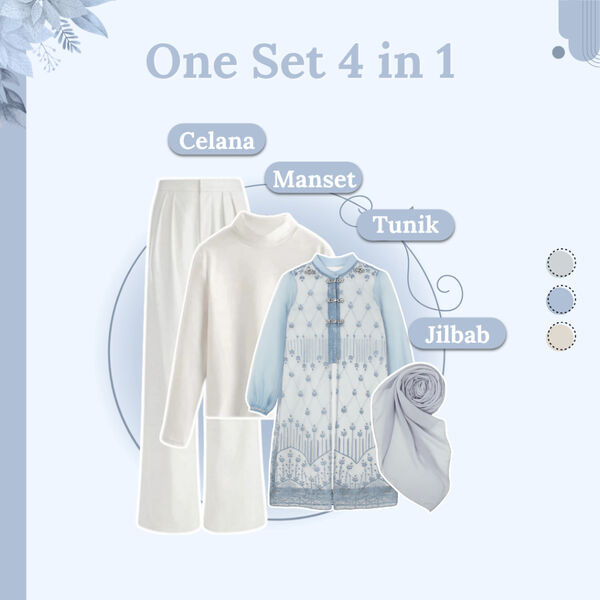 One Set Wanita 4in1 - Tunik Brokat Blue